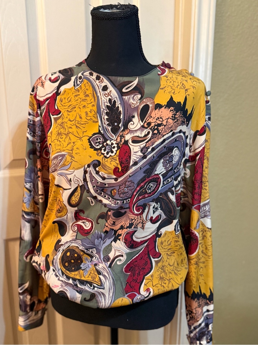 Vintage 99’s Alyssa Carr Bold Paisley Print Long Sleeve Blousein Mustard and Red